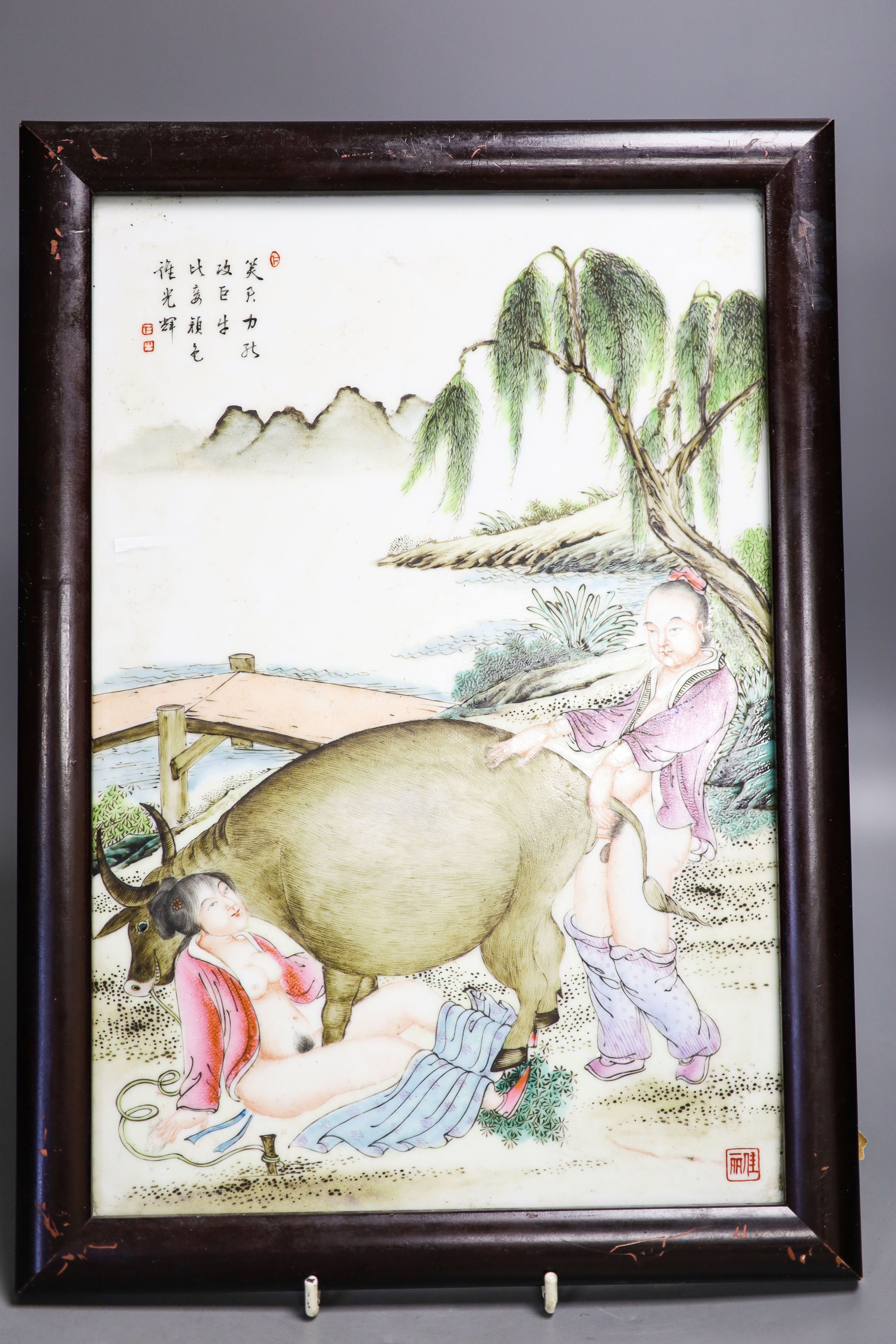 A part set of eleven framed Chinese porcelain plaques, zodiac erotic subjects 36x24cm